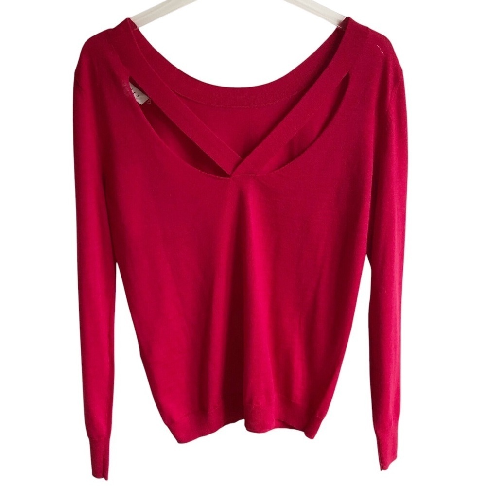 Sandro Paris Wool Cashmere Blend Cutout Neck Sweater Ruby Red Size 2 NWT - Picture 2 of 9